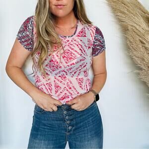 CABI Pink White Blue Contrast Print Short Cap Sleeve Sheer Blouse Shirt Top XS